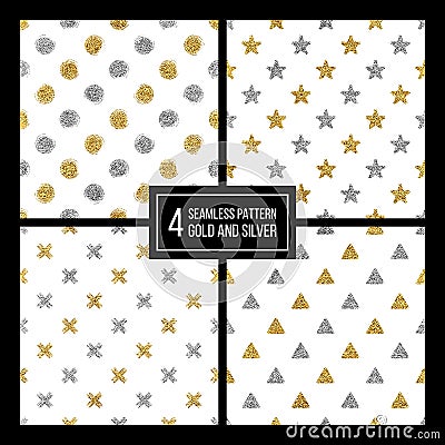 Set of seamless pattern golden and silvern star, circle, delta, plus Vector Illustration