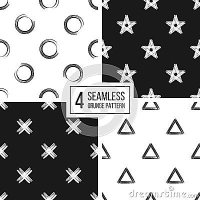 Set of seamless pattern grunge polka dots, triangle, star, cross Vector Illustration