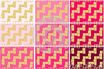 Set of 9 seamless pattern textures of golden rectangular geometric shapes over pink shades background template Vector illustration Vector Illustration