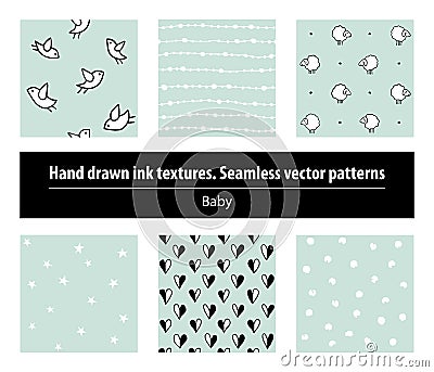 Baby. Set of seamless patterns. Hand drawing ink textures Vector Illustration