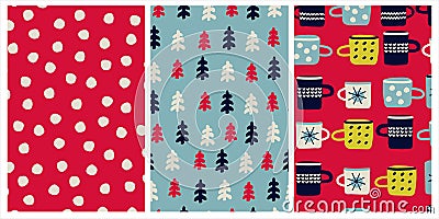 Set of seamless patterns for Christmas wrapping paper. Backgrounds with snowflake-like dots, fir trees, Nordic cups Vector Illustration