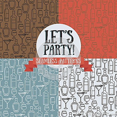 Set of seamless patterns with cocktails and bottles of alcohol Vector Illustration