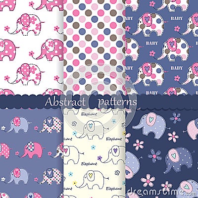 Set of seamless patterns with cute elephants Vector Illustration