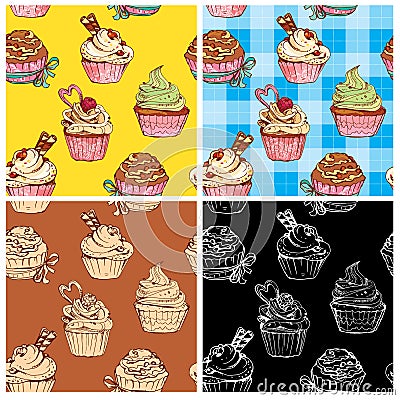 Set of seamless patterns with decorated sweet cupcakes Vector Illustration