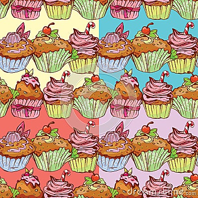 Set of seamless patterns with decorated sweet cupcakes Vector Illustration