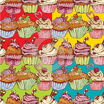 Set of seamless patterns with decorated sweet cupcakes Vector Illustration