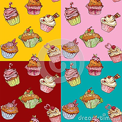 Set of seamless patterns with decorated sweet cupcakes Vector Illustration