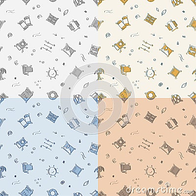 Set of seamless patterns with doodle linear icons. Printing of finished photos. Camera, film, memory card, lens. Ornament for Vector Illustration