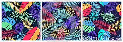 Set of seamless patterns with exotic colorful leaves of monstera, banana tree and palm branches, bright trendy vector tropical Vector Illustration