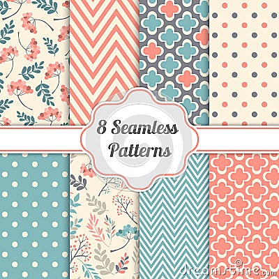 Set of seamless patterns. Floral, zigzag, cross, dotted background. Vector illustration Vector Illustration