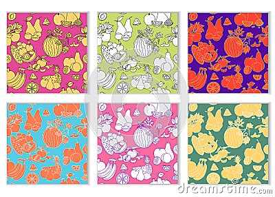 Set of seamless patterns with fruits, different colors, linear sketch hand drawn illustration, vector bright design for Vector Illustration