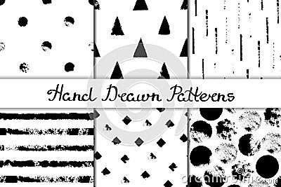 Set of seamless patterns with geometric designs. Circle, triangle, rhombus, stripe in black and white. Hand drawn. Vector Illustration