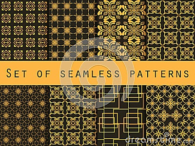 Set of seamless patterns. Geometric patterns. Black and yellow color. For wallpaper, bed linen, tiles, fabrics, backgrounds. Vector Illustration