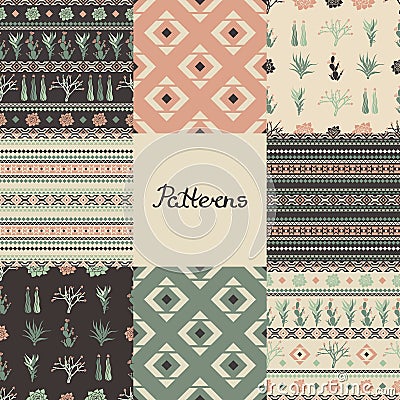 Set of seamless patterns with geometric shapes, succulents and cacti. Eight textures. Vector Illustration
