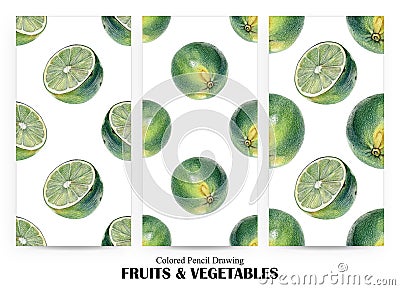 Set of seamless patterns with green limes drawn by hand with colored pencil Stock Photo