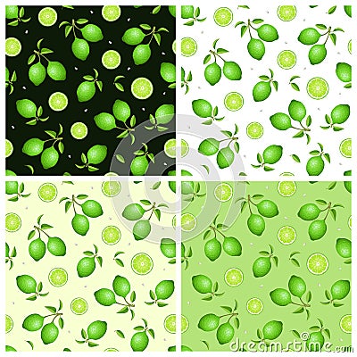 Set of seamless patterns with green limes. Vector illustration. Vector Illustration