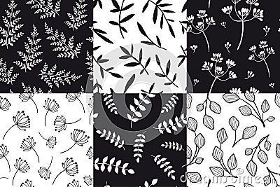 Set of 6 Seamless patterns with hand drawn outline plants Vector Illustration