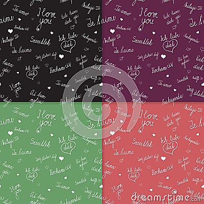 Set of Seamless patterns with I love you text in various languages Vector Illustration