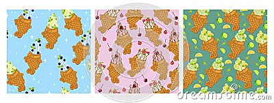 Set of seamless patterns with ice cream taiyaki. Vector graphics Stock Photo