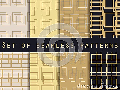 Set seamless patterns with lines and squares. Gold and black color. Vector illustration. Vector Illustration