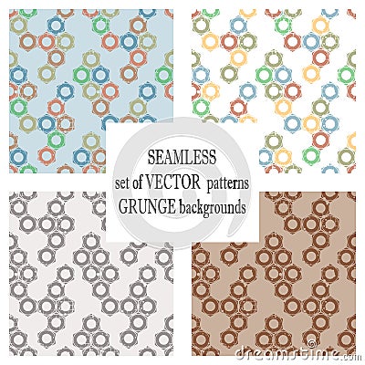 Set of seamless patterns with mechanism of nuts. Creative geometric grunge backgrounds. Texture with cracks, ambrosia Cartoon Illustration