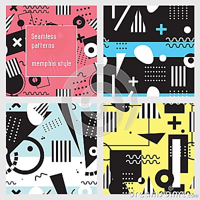 Set of seamless patterns in memphis style. Black and white geometric elements on colorful background. Vector Illustration