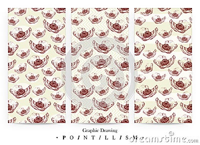 Set of seamless patterns with red anemone flowers and yellow stripes isolated on white background Cartoon Illustration