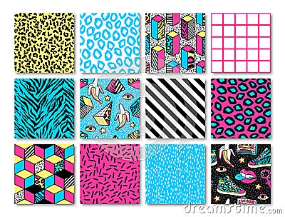 Set of seamless patterns in 80s-90s memphis style. Vector Illustration