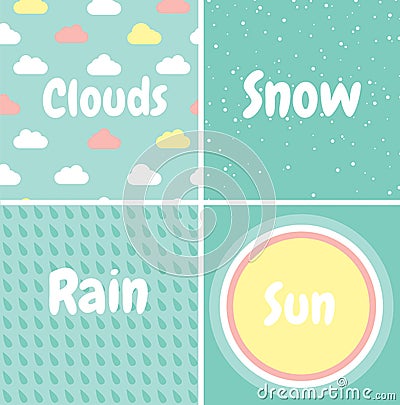 Set of seamless patterns. Snow, rain, clouds, sun Vector Illustration