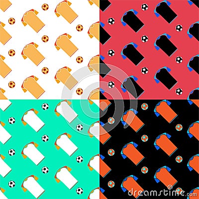 set of seamless patterns with soccer player t shirt and balls. Sports uniform of fotball player. Ornament for decoration and Vector Illustration
