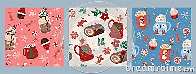 Set of seamless patterns with winter drinks and sweets. Vector graphics Vector Illustration