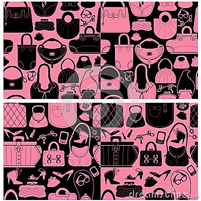 Set of seamless patterns with woman bags and handbags. Vector Illustration