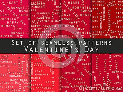 Set of seamless patterns. Words related to Valentine`s Day. Vector Vector Illustration