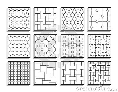 Set of seamless pavement textures. Black and white floor tiles Vector Illustration