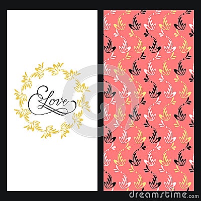 Set with seamless pink texture with colorful flowers and a card with hand drawn elegant word love in a floral frame Vector Illustration