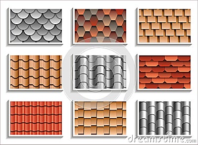 Set of seamless roof tiles textures. 3D patterns of rooftop materials Vector Illustration