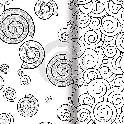 Set of seamless Shells patterns. Hand-drawn decorative elements in vector. Vector Illustration