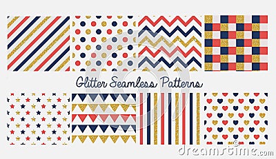 Set of seamless simple cute baby patterns with glitter elements. Includes blue, red and golden stars, hears, stripes, zigzag, flag Vector Illustration