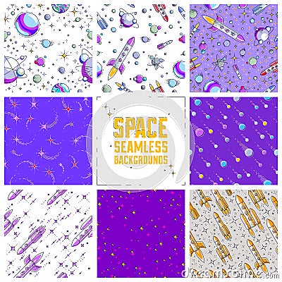 Set of seamless space backgrounds with rockets, planets, asteroids, comets, meteors and stars, undiscovered deep cosmos fantastic Vector Illustration