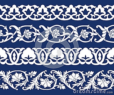 Set of seamless tape Patterns in the form of cotton in the Uzbek national style, vector mockup for design, isolated on blue back Vector Illustration