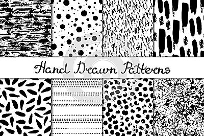 Set of 8 seamless texture. Chaotic, prints, droplets, stripes, spots, dots. Abstract forms drawn a wide pen and ink. Backgrounds i Vector Illustration