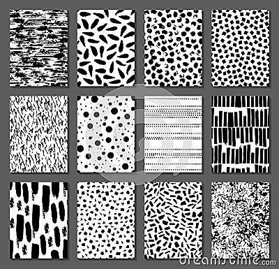 Set of 12 seamless texture. Drops, points, lines, stripes, circles, squares, rectangles. Abstract forms drawn a wide pen and ink. Vector Illustration