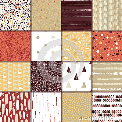 Set of 16 seamless texture. Drops, points, lines, stripes, circles, triangles, rectangles. Abstract forms drawn a wide pen and ink Vector Illustration