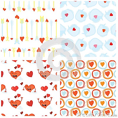 Set of seamless Valentines Day backgrounds with funny red heart characters, dialog bubbles and Cupid arrows. Tiled vector Vector Illustration