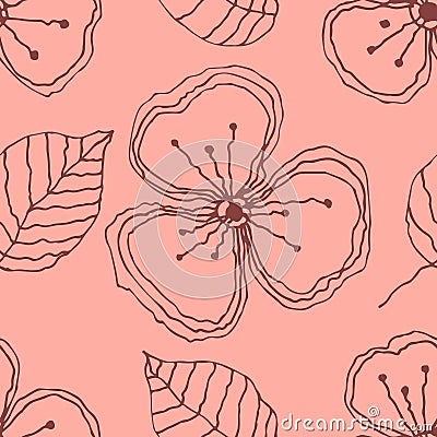 Set of seamless vector floral patterns. Pink hand drawn background with flowers, leaves, decorative elements. Graphic illustration Vector Illustration