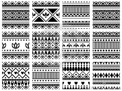 Set of seamless vector geometric black and white patterns with ornamental elements, endless background with ethnic motifs. Graphic Vector Illustration