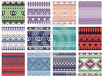 Set of seamless vector geometric colorful patterns with ornamental elements,endless background with ethnic motifs. Graphic tribal Vector Illustration