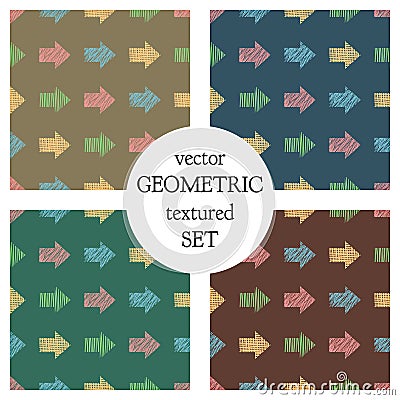 Set of seamless vector geometrical patterns with arrows. pastel endless background with hand drawn textured geometric figures. Gra Vector Illustration