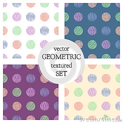 Set of seamless vector geometrical patterns with circles . pastel endless background with hand drawn textured geometric figures. G Vector Illustration