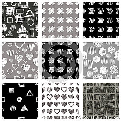 Set of seamless vector geometrical patterns with different geometric figures, forms, grey, black white. Pastel endless background Vector Illustration